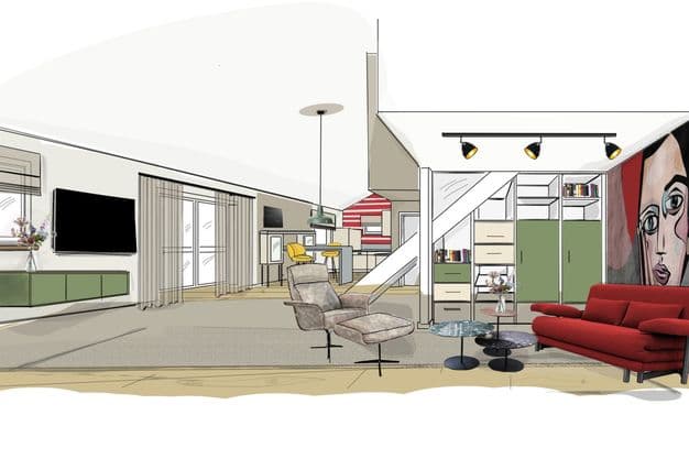 Skizzen, die wie Handzeichnungen anmuten: So konnte der Kunde von Katja Schulze sehen, wie der neu gestaltete Wohn- und Essbereich aussehen wird.