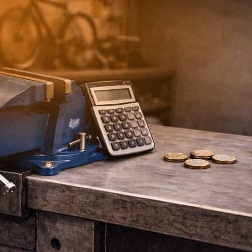 Taschenrechner auf Werkbank