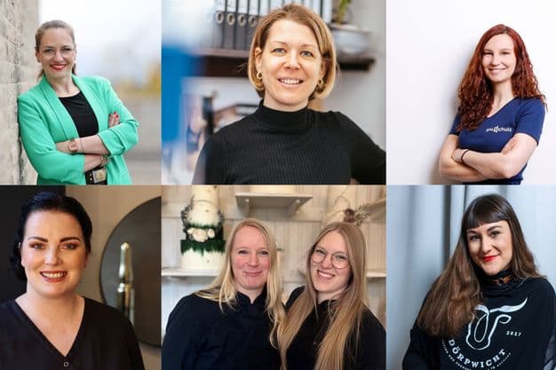 Kein Mutterschutz für Selbstständige: Die Handwerkerinnen Kathrin Post-Isenberg, Katja Lilu-Melder, Larissa Pichler, Nicole Schmidt-Hager, Melanie Bauer-Sonntag und Stefanie Gornicki fordern, dass sich das ändern muss.