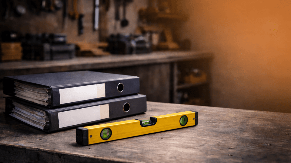 Aktenordner und Wasserwaage