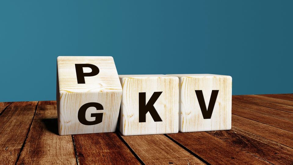 Drei Würfel mit Buchstaben. Der eine Würfel steht auf der Kippe, so kann man auf der einen Würfelseite ein P und auf der anderen ein G erkennen. Dahinter reihen sich die Würfel mit K und V auf. So kann PKV und GKV gelesen werden.