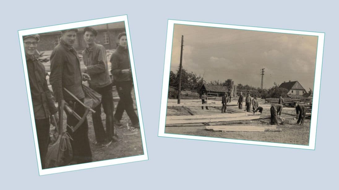 Teamfotos aus alten Zeiten: Auch heute arbeiten Zimmerer noch bei Wind und Wetter draußen.
