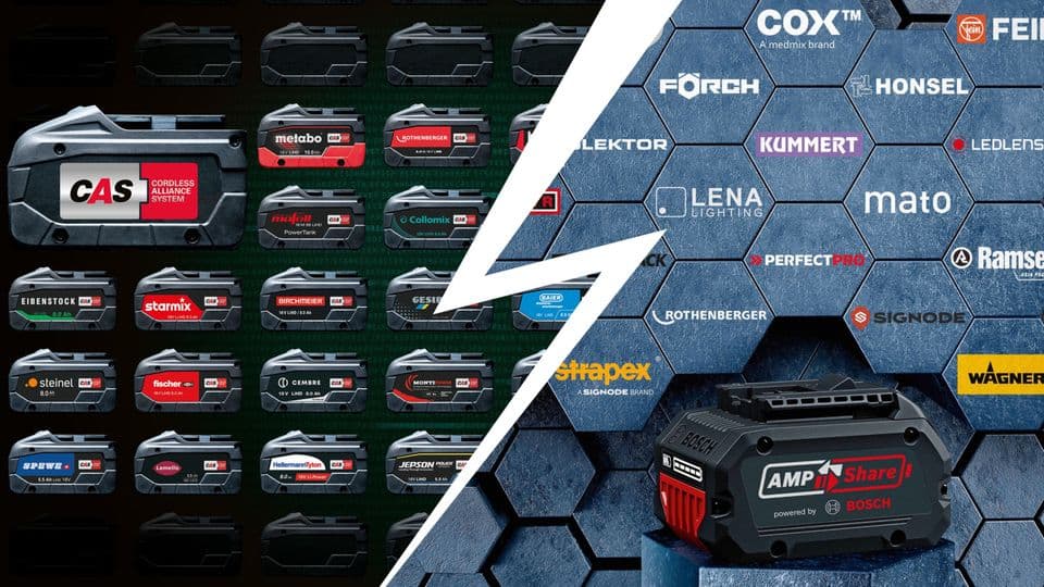 Zwei Akku-Systeme, viele kompatible Maschinen. CAS und Ampshare bringen Einheitlichkeit in den 18-Volt-Akkumarkt.