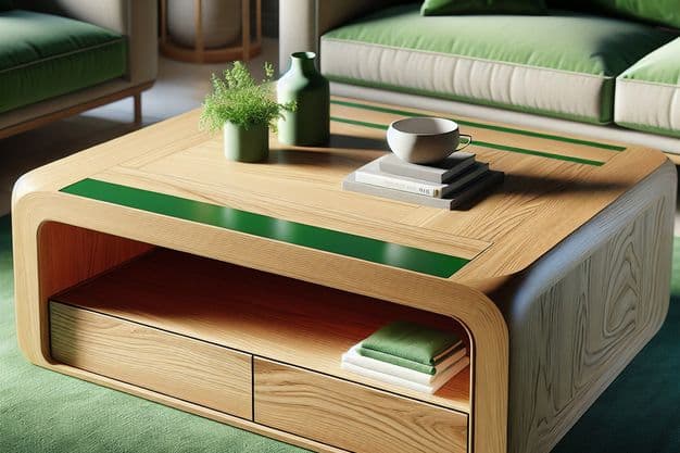 Couchtisch erstellt mit dem Smart Advisor: Gewünscht war ein quadratischer Tisch aus Eiche, mit abgerundeten Ecken, geschlossenem Stauraum und grünem Streifen.