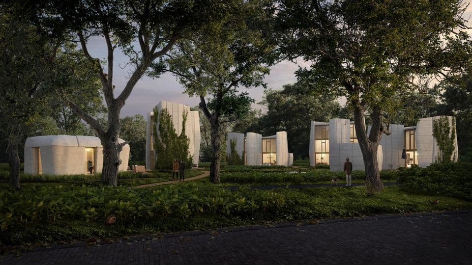 Projektskizze von Project Milestone. So könnten die mehrgeschossigen 3D-Druck-Häuser aussehen.