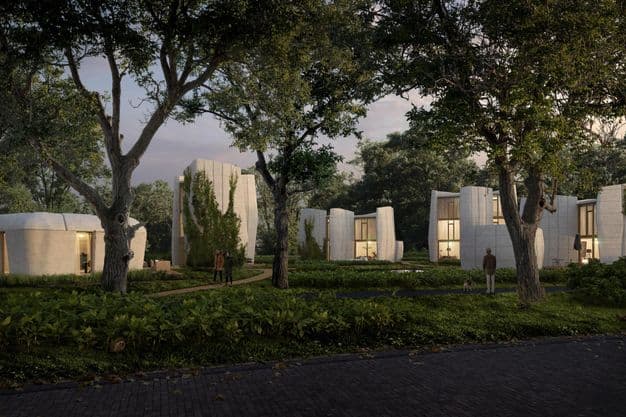 Projektskizze von Project Milestone. So könnten die mehrgeschossigen 3D-Druck-Häuser aussehen.