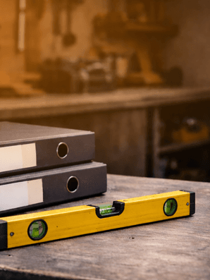 Aktenordner und Wasserwaage