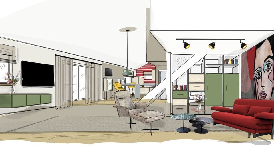 Skizzen, die wie Handzeichnungen anmuten: So konnte der Kunde von Katja Schulze sehen, wie der neu gestaltete Wohn- und Essbereich aussehen wird.