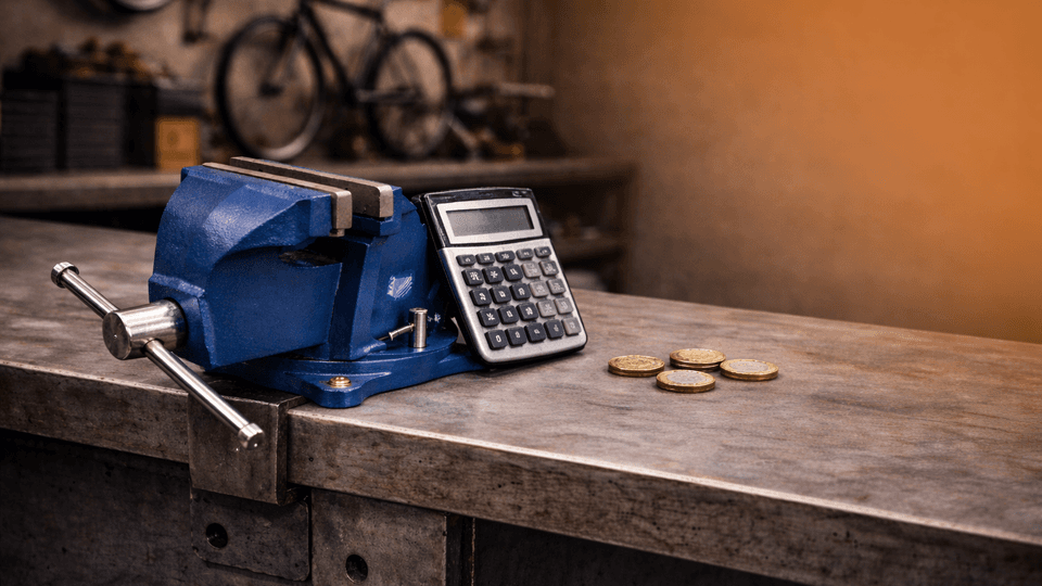 Schraubstock und Taschenrechner