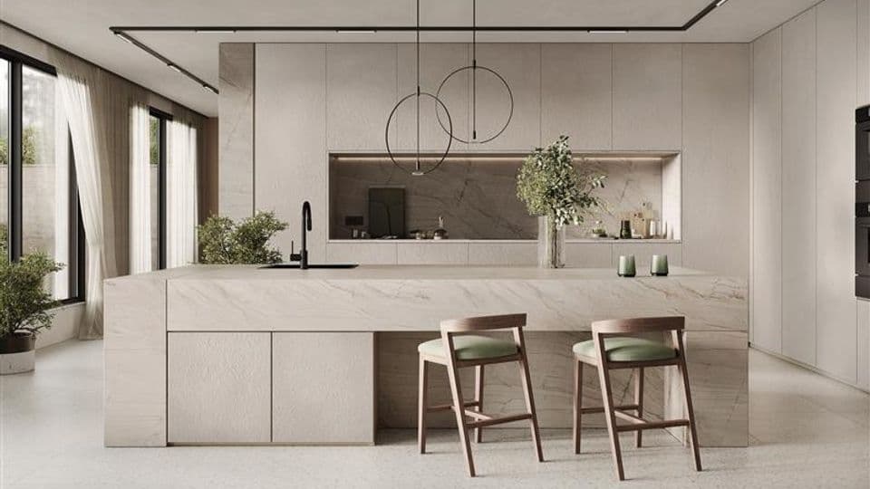 Rauvisio cube Desert Stone- Struktur für eine helle Küche.