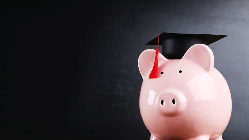 Ein rosa Sparschwein trägt auf dem Kopf eine Bachelor-Mütze