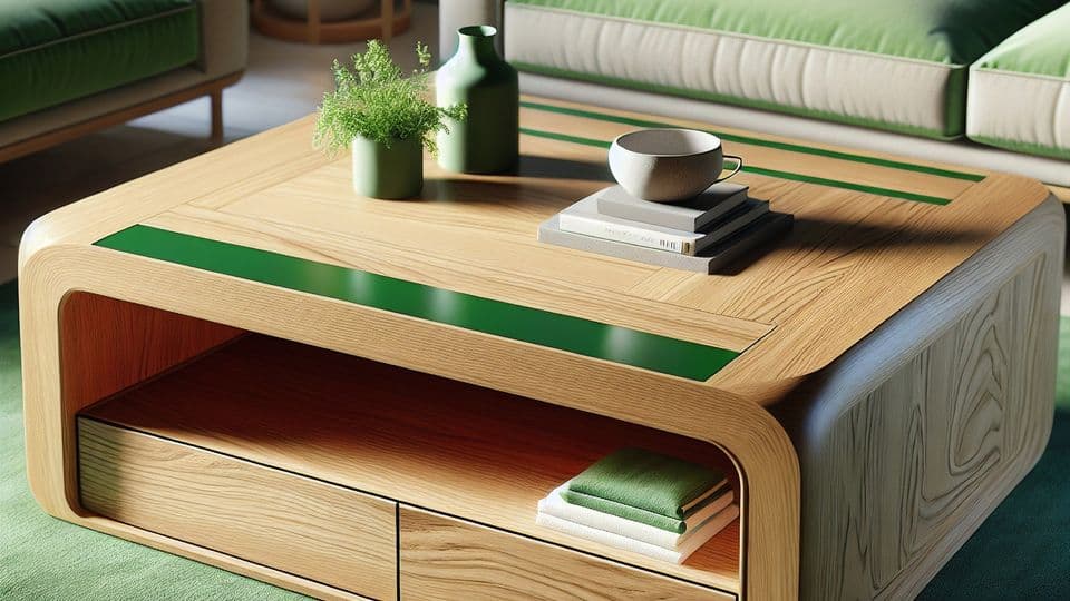 Couchtisch erstellt mit dem Smart Advisor: Gewünscht war ein quadratischer Tisch aus Eiche, mit abgerundeten Ecken, geschlossenem Stauraum und grünem Streifen.